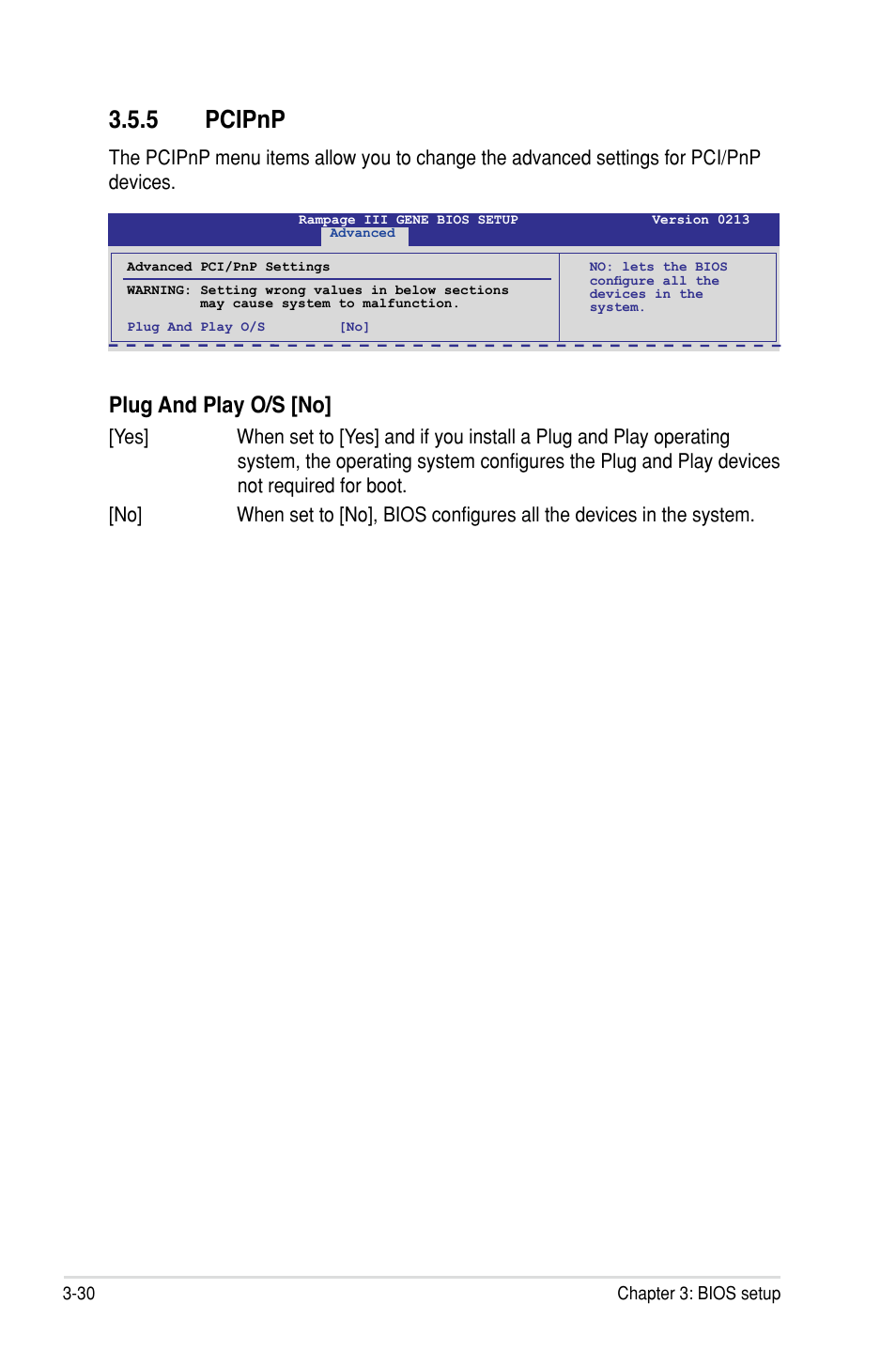 5 pcipnp, Plug and play o/s �no | Asus Rampage III Gene User Manual | Page 104 / 164