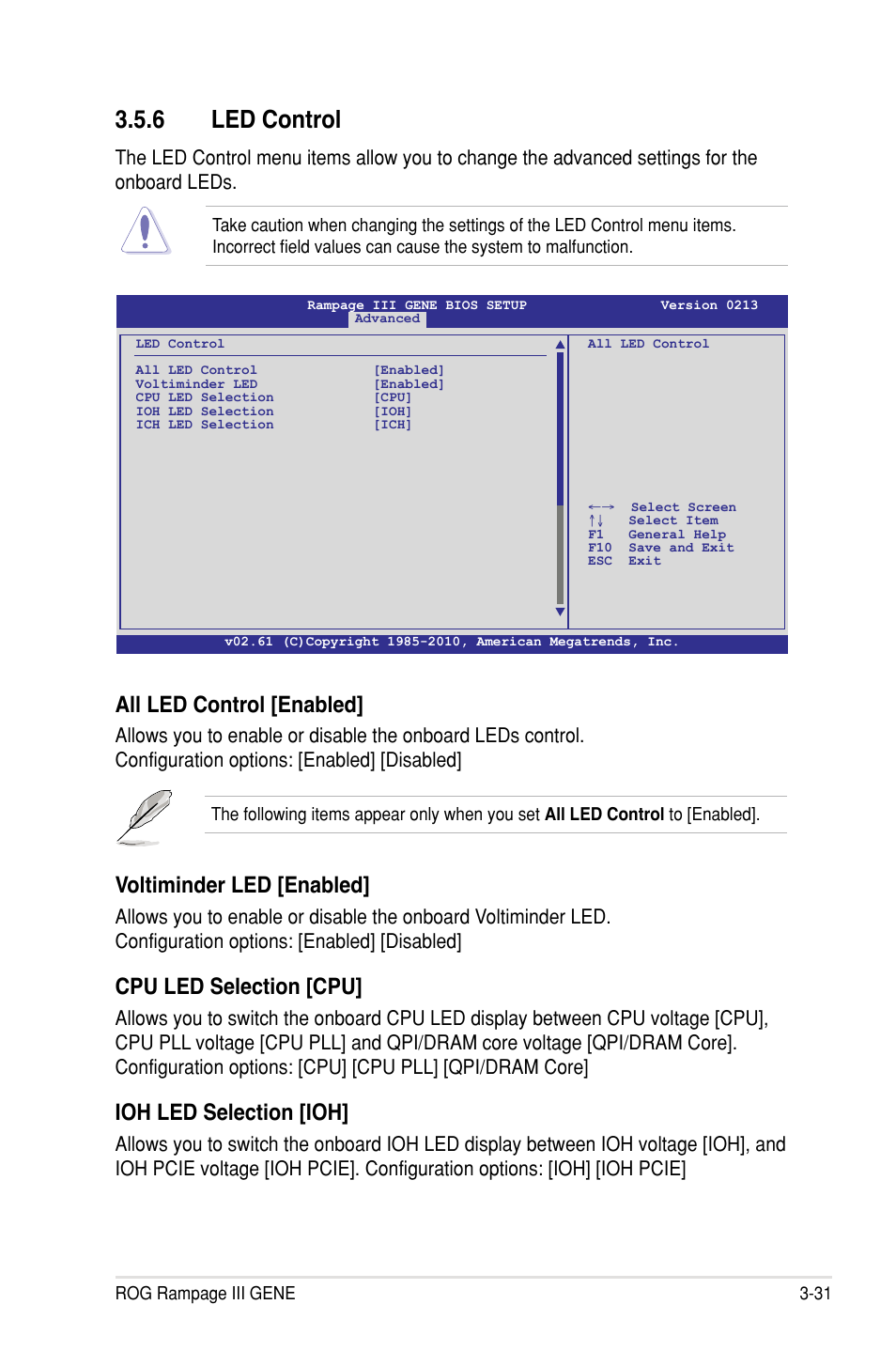 6 led control, All led control �enabled, Voltiminder led �enabled | Cpu led selection �cpu, Ioh led selection �ioh | Asus Rampage III Gene User Manual | Page 105 / 164