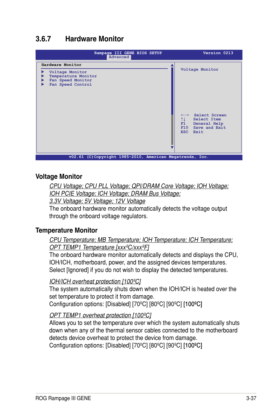 7 hardware monitor, Voltage monitor, Temperature monitor | Asus Rampage III Gene User Manual | Page 111 / 164