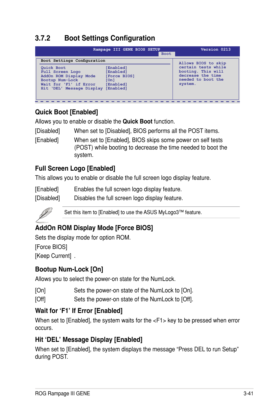 2 boot settings configuration, Quick boot �enabled, Full screen logo �enabled | Addon rom display mode �force bios, Bootup num-lock �on, Wait for ‘f1’ if error �enabled, Hit ‘del’ message display �enabled | Asus Rampage III Gene User Manual | Page 115 / 164