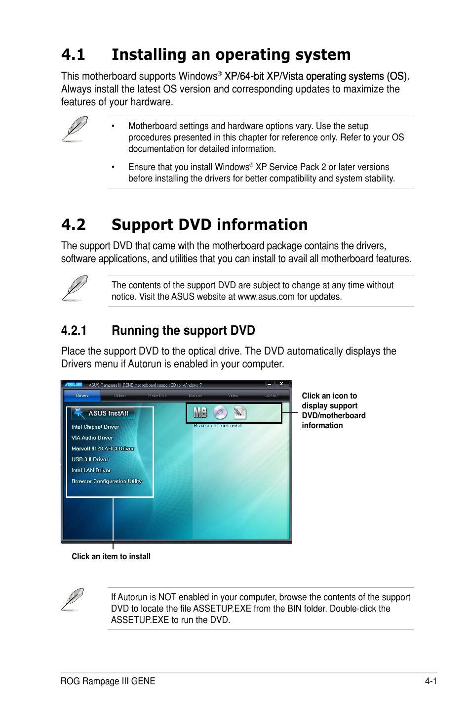 1 installing an operating system, 2 support dvd information, 1 running the support dvd | Asus Rampage III Gene User Manual | Page 127 / 164