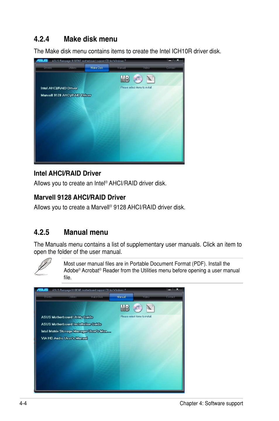 4 make disk menu, 5 manual menu, Intel ahci/raid driver | Marvell 9128 ahci/raid driver | Asus Rampage III Gene User Manual | Page 130 / 164
