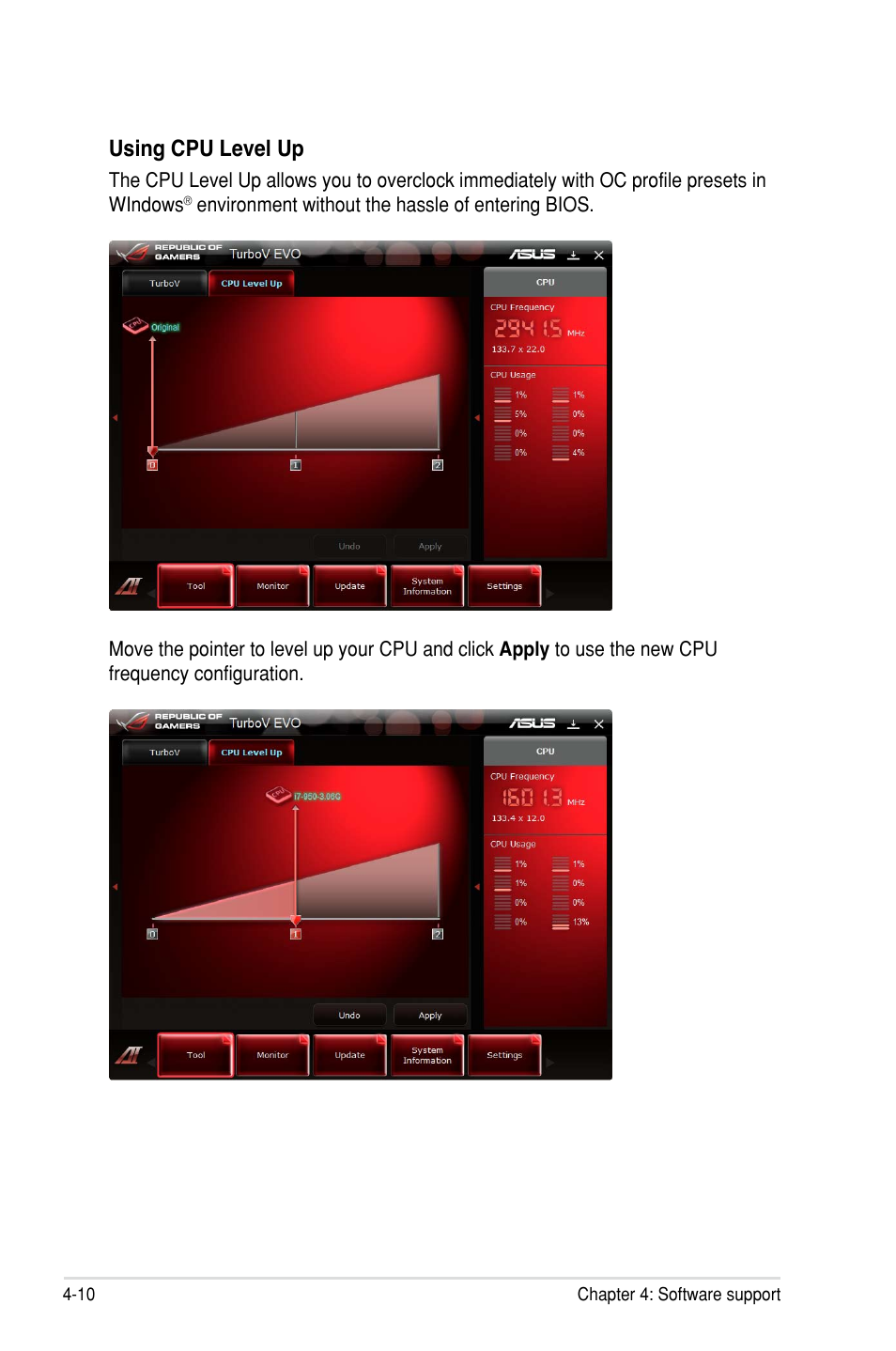 Using cpu level up | Asus Rampage III Gene User Manual | Page 136 / 164