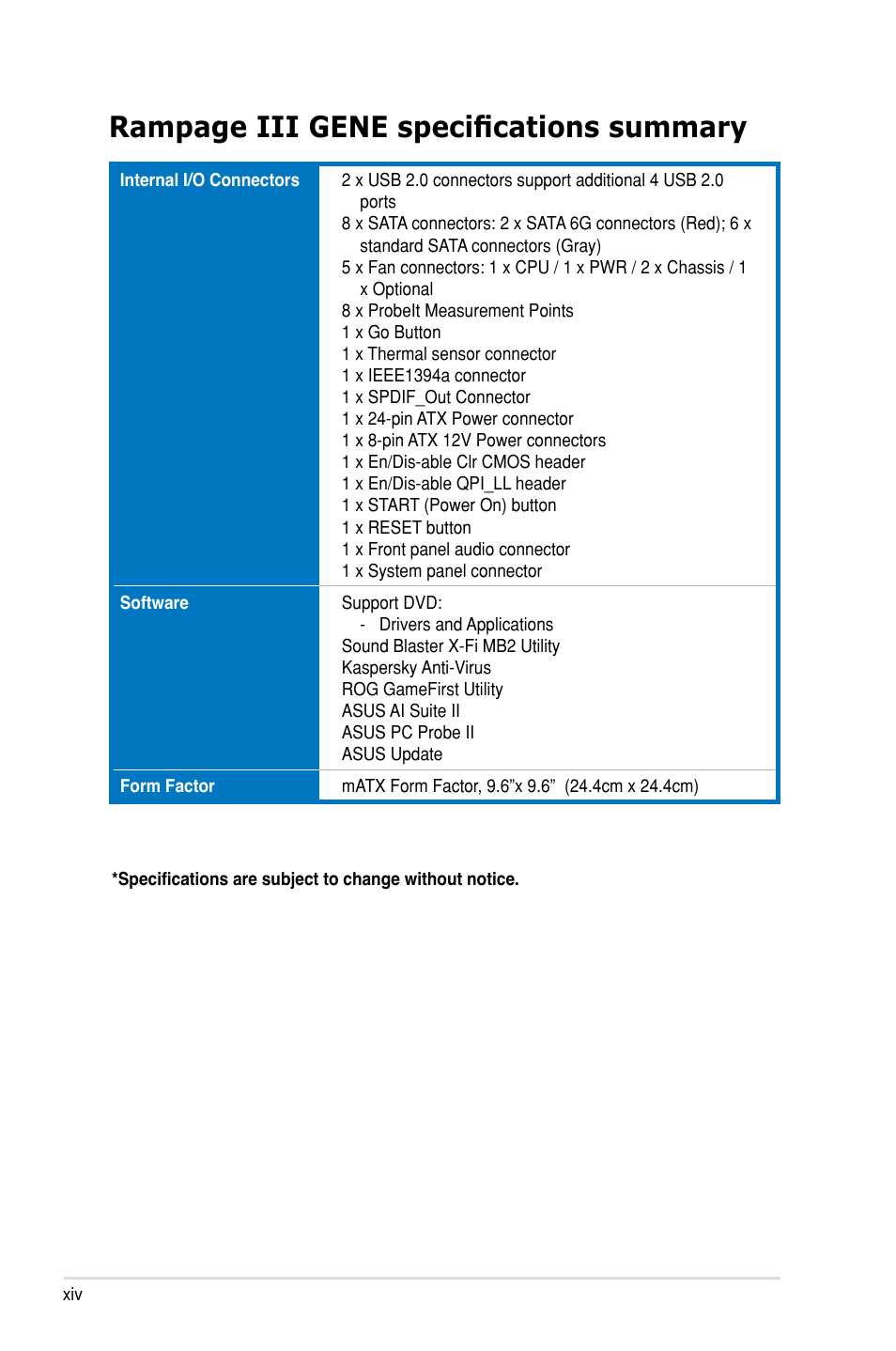 Rampage iii gene specifications summary | Asus Rampage III Gene User Manual | Page 14 / 164