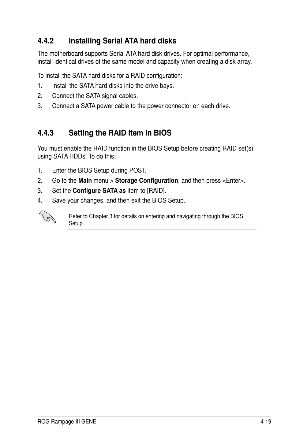 2 installing serial ata hard disks, 3 setting the raid item in bios | Asus Rampage III Gene User Manual | Page 145 / 164