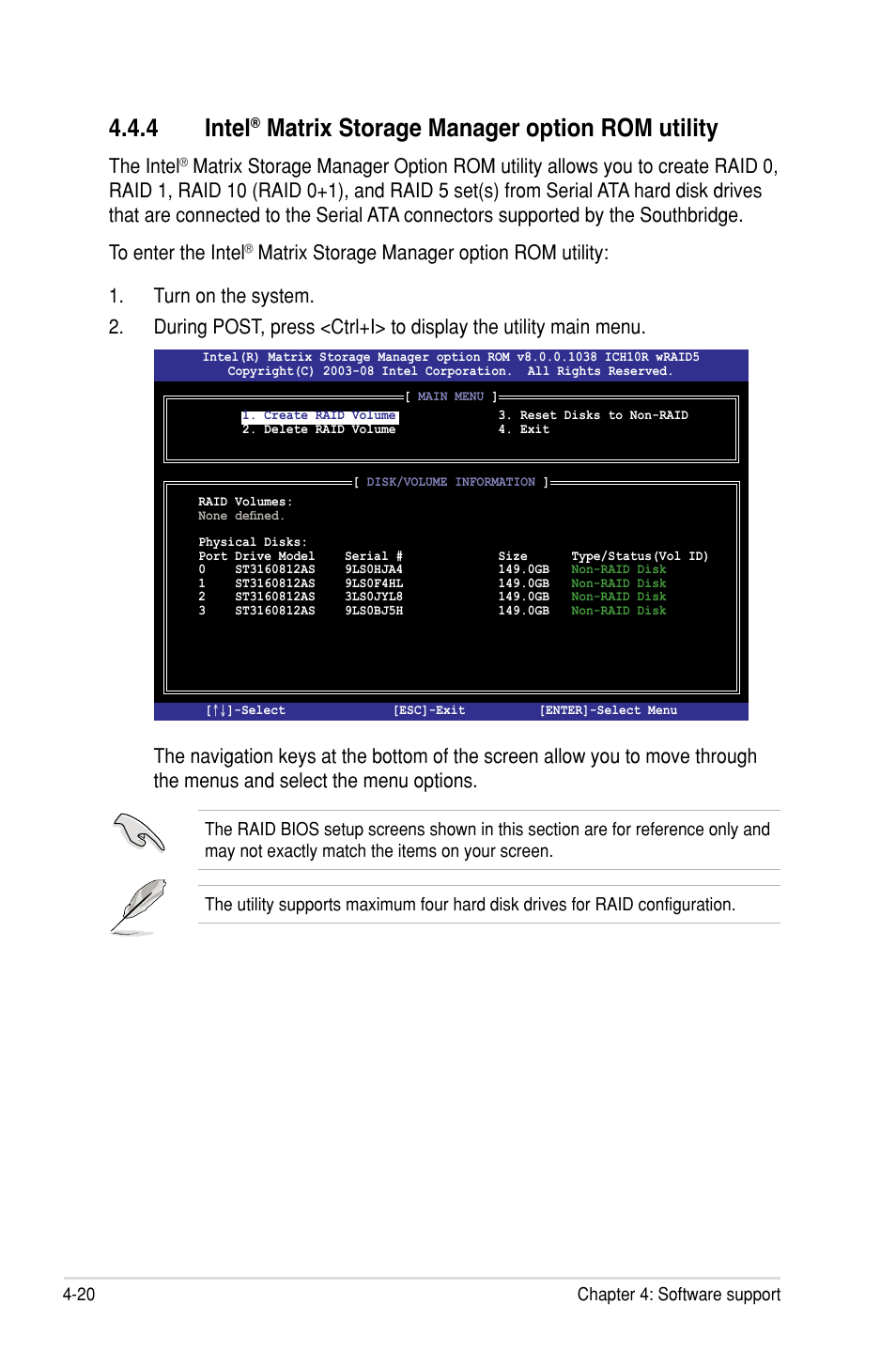4 intel, Matrix storage manager option rom utility, The intel | Asus Rampage III Gene User Manual | Page 146 / 164