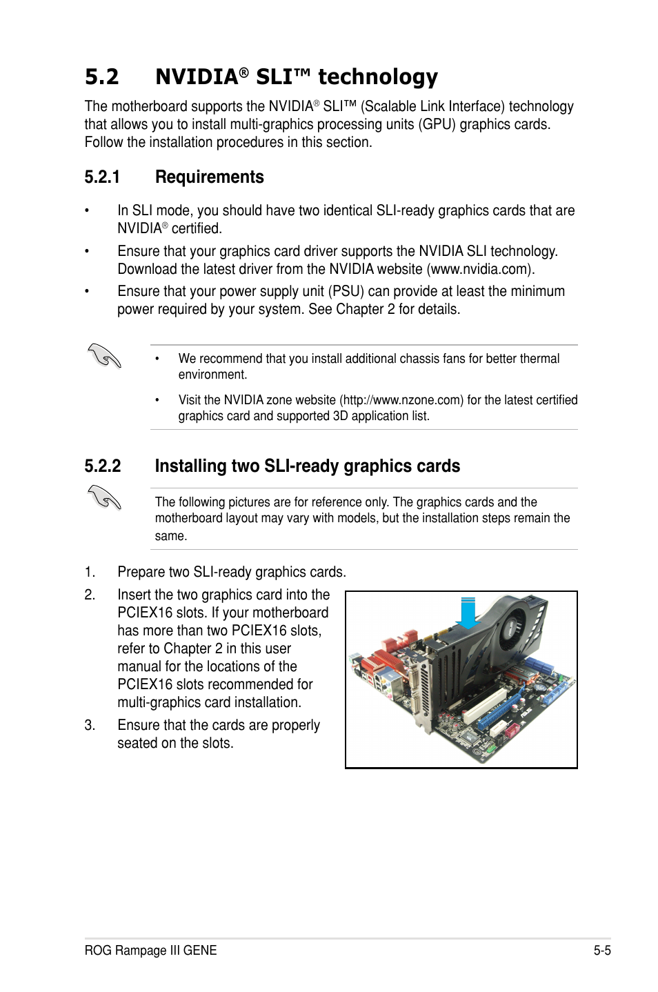 2 nvidia, Sli™ technology, 1 requirements | 2 installing two sli-ready graphics cards | Asus Rampage III Gene User Manual | Page 159 / 164