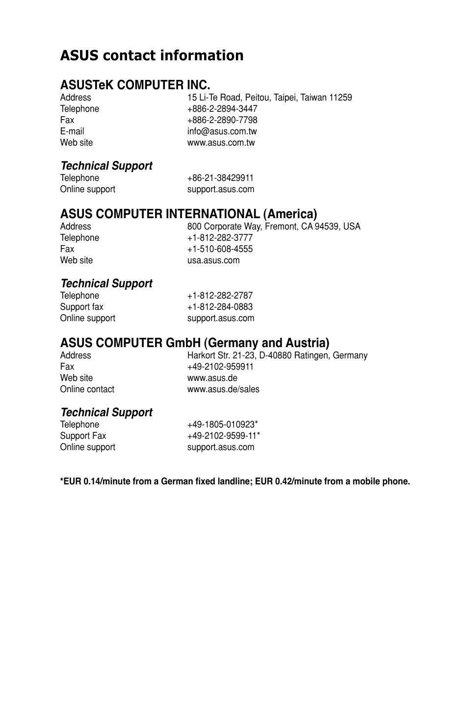 Asus contact information, Asustek computer inc, Asus computer international (america) | Asus computer gmbh (germany and austria), Technical support | Asus Rampage III Gene User Manual | Page 163 / 164