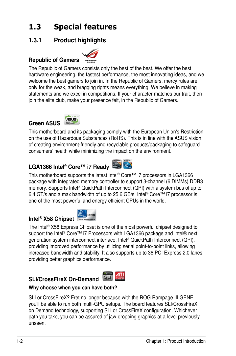 3 special features, 1 product highlights, Republic of gamers | Green asus, Lga1366 intel, Core™ i7 ready, Intel, X58 chipset, Sli/crossfirex on-demand | Asus Rampage III Gene User Manual | Page 18 / 164