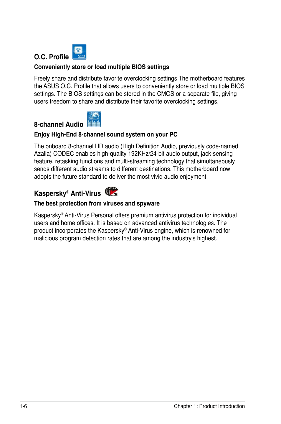 O.c. profile, Channel audio, Kaspersky | Anti-virus | Asus Rampage III Gene User Manual | Page 22 / 164