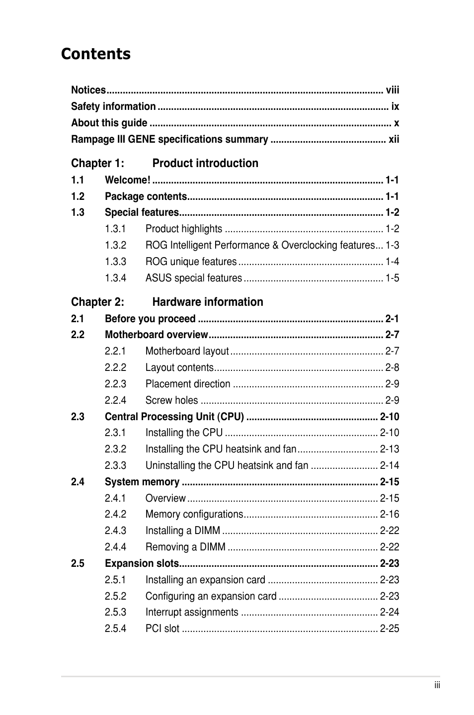 Asus Rampage III Gene User Manual | Page 3 / 164