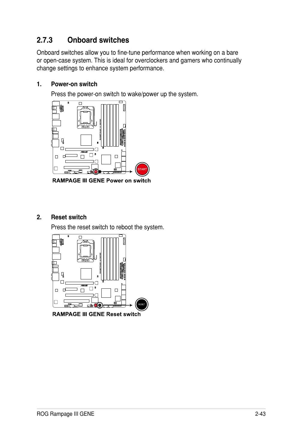 3 onboard switches | Asus Rampage III Gene User Manual | Page 67 / 164