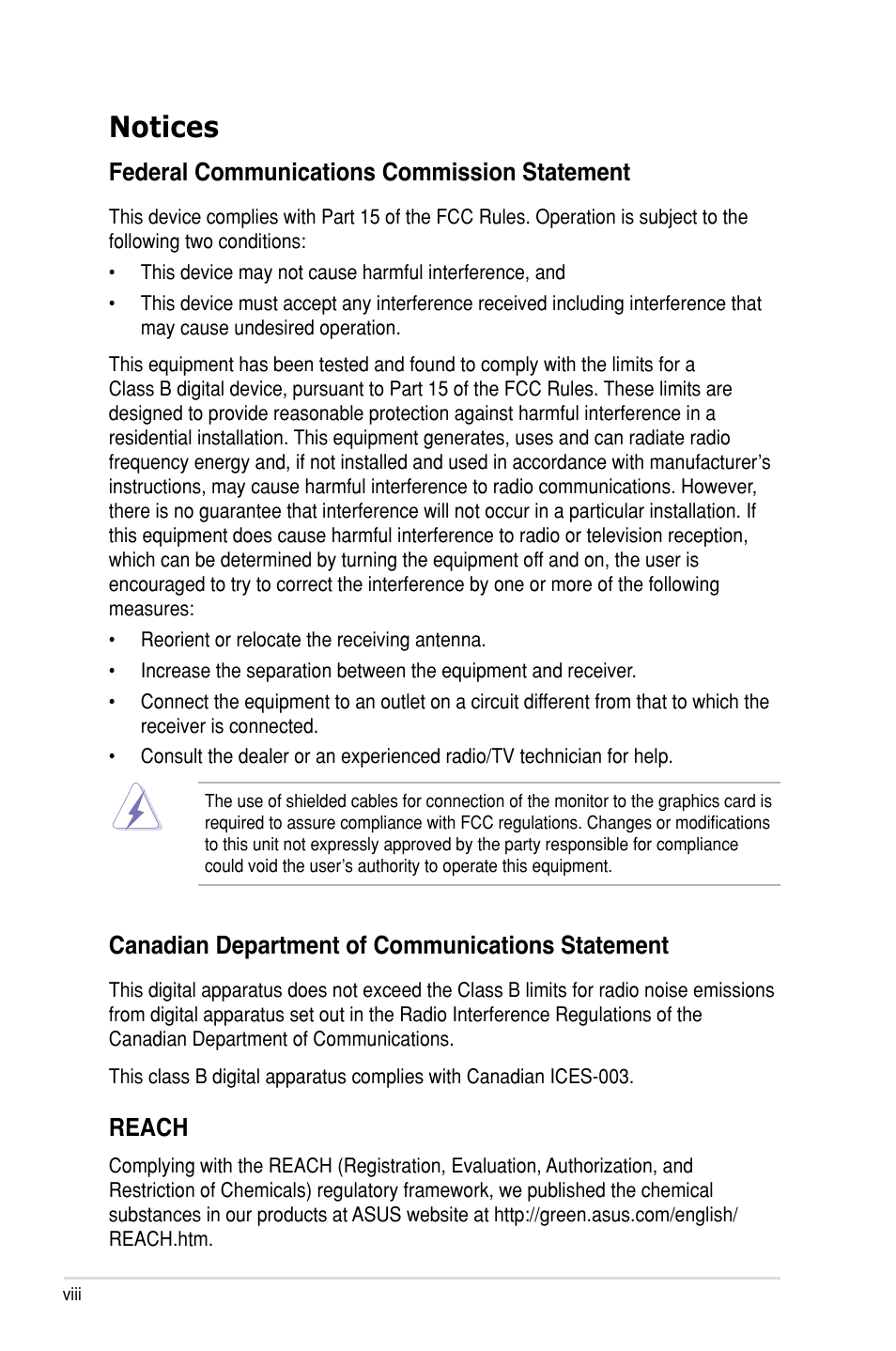 Notices, Federal communications commission statement, Canadian department of communications statement | Reach | Asus Rampage III Gene User Manual | Page 8 / 164