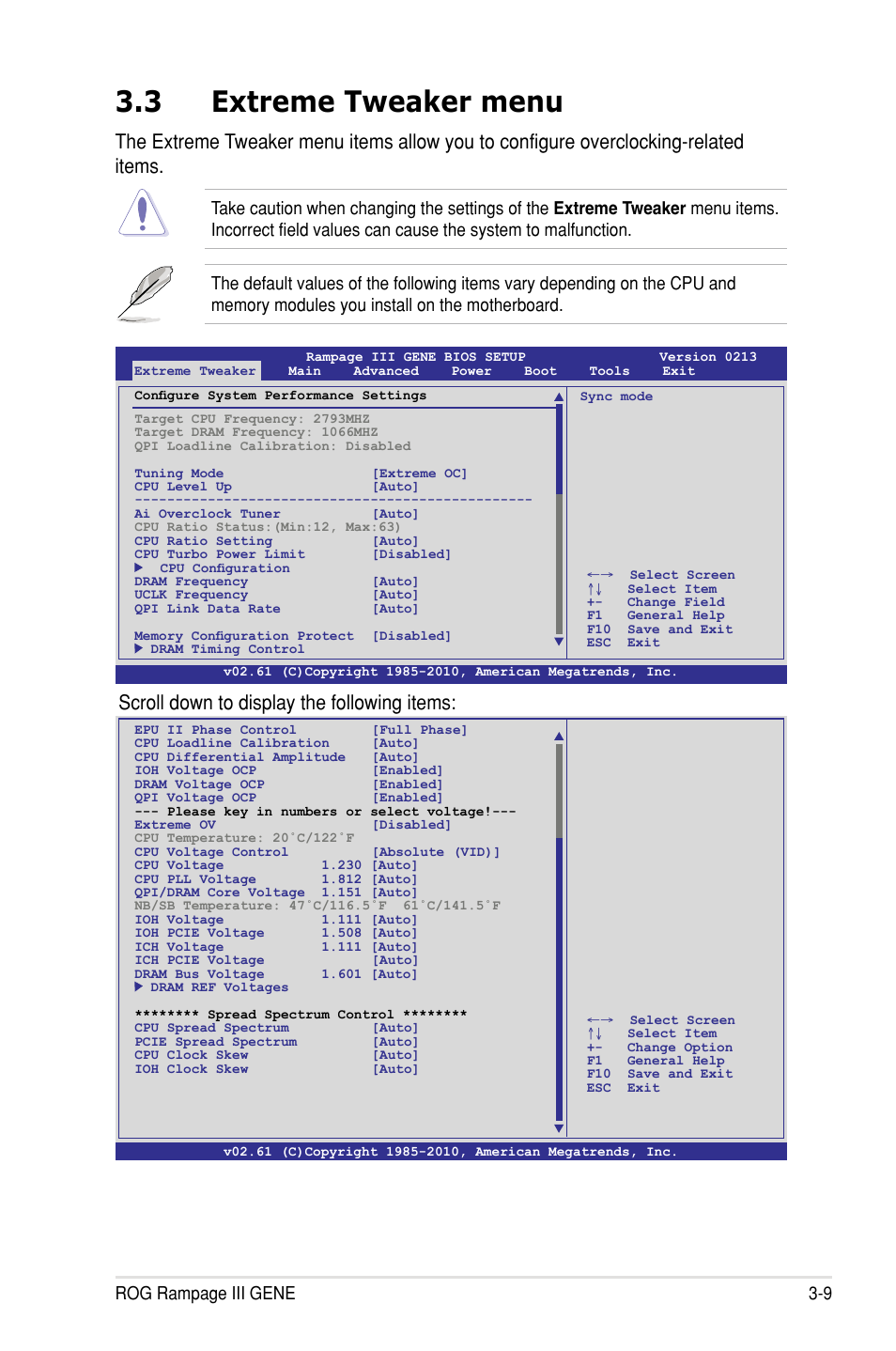 3 extreme tweaker menu, Scroll down to display the following items, Rog rampage iii gene 3-9 | Asus Rampage III Gene User Manual | Page 83 / 164