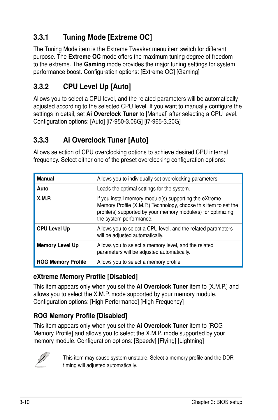 1 tuning mode �extreme oc, 2 cpu level up �auto, 3 ai overclock tuner �auto | Asus Rampage III Gene User Manual | Page 84 / 164