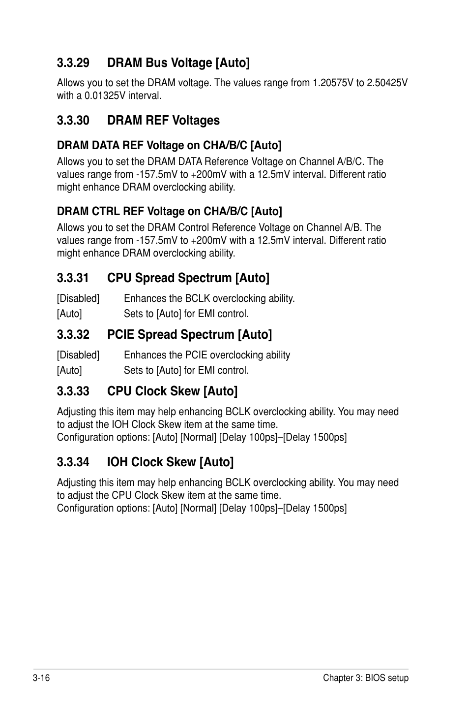 29 dram bus voltage �auto, 30 dram ref voltages, 31 cpu spread spectrum �auto | 32 pcie spread spectrum �auto, 33 cpu clock skew �auto, 34 ioh clock skew �auto | Asus Rampage III Gene User Manual | Page 90 / 164