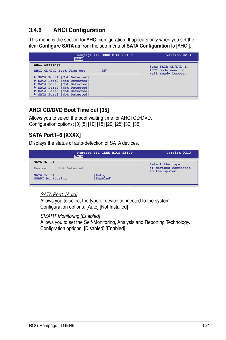 � ahci configuration, Ahci cd/dvd boot time out �35 | Asus Rampage III Gene User Manual | Page 95 / 164