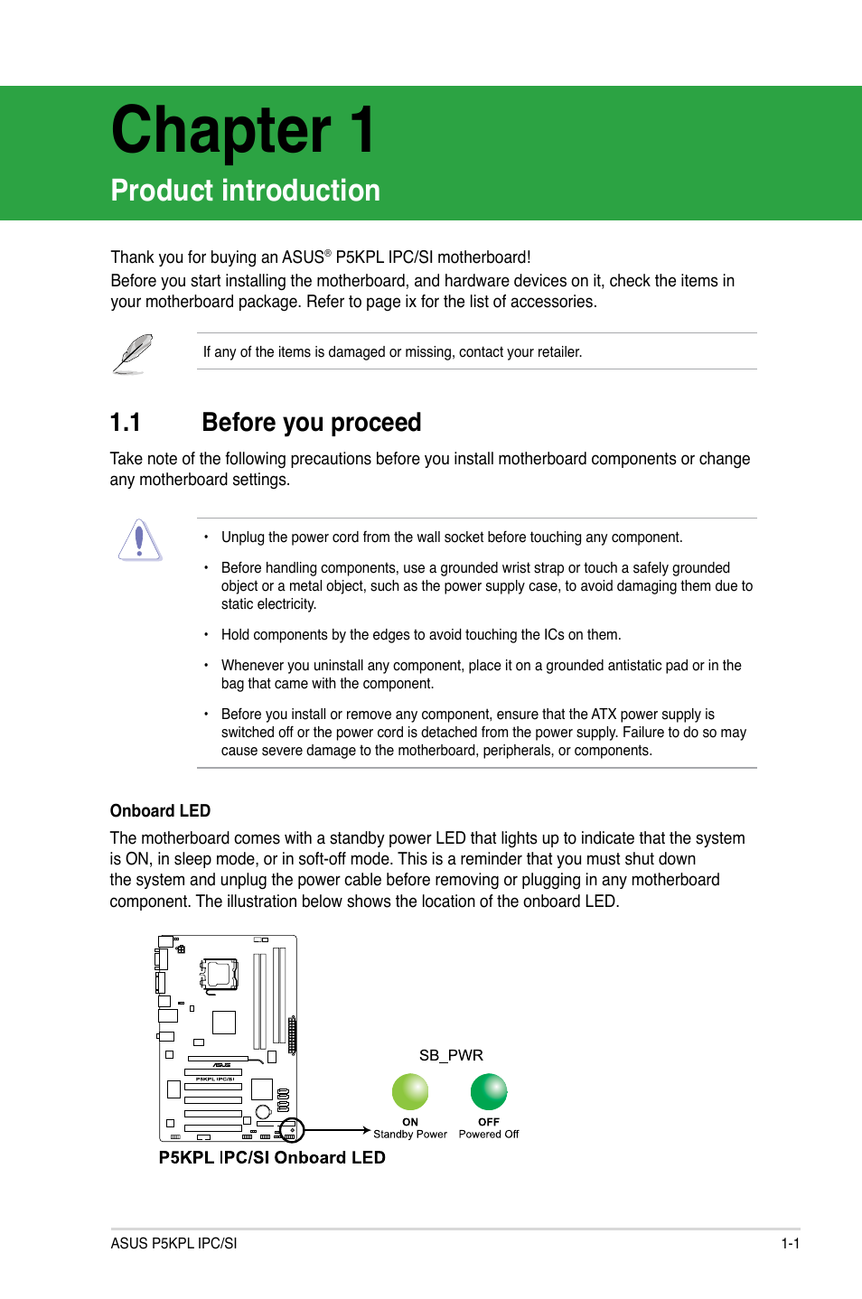 Chapter 1, Product introduction, 1 before you proceed | Before you proceed -1 | Asus P5KPL IPC/SI User Manual | Page 10 / 40