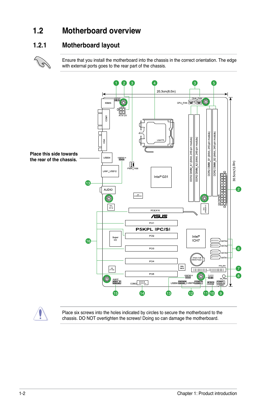 2 motherboard overview, 1 motherboard layout, Motherboard overview -2 1.2.1 | Motherboard layout -2 | Asus P5KPL IPC/SI User Manual | Page 11 / 40