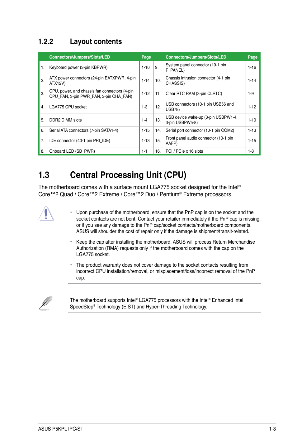 2 layout contents, 3 central processing unit (cpu), Layout contents -3 | Central processing unit (cpu) -3, Extreme processors | Asus P5KPL IPC/SI User Manual | Page 12 / 40