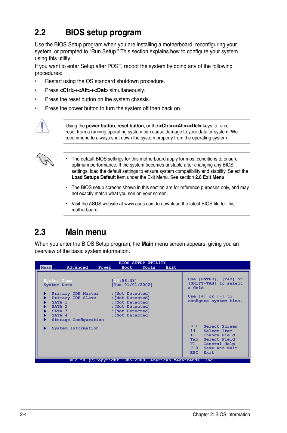 2 bios setup program, 3 main menu, Bios setup program -4 | Main menu -4 | Asus P5KPL IPC/SI User Manual | Page 30 / 40