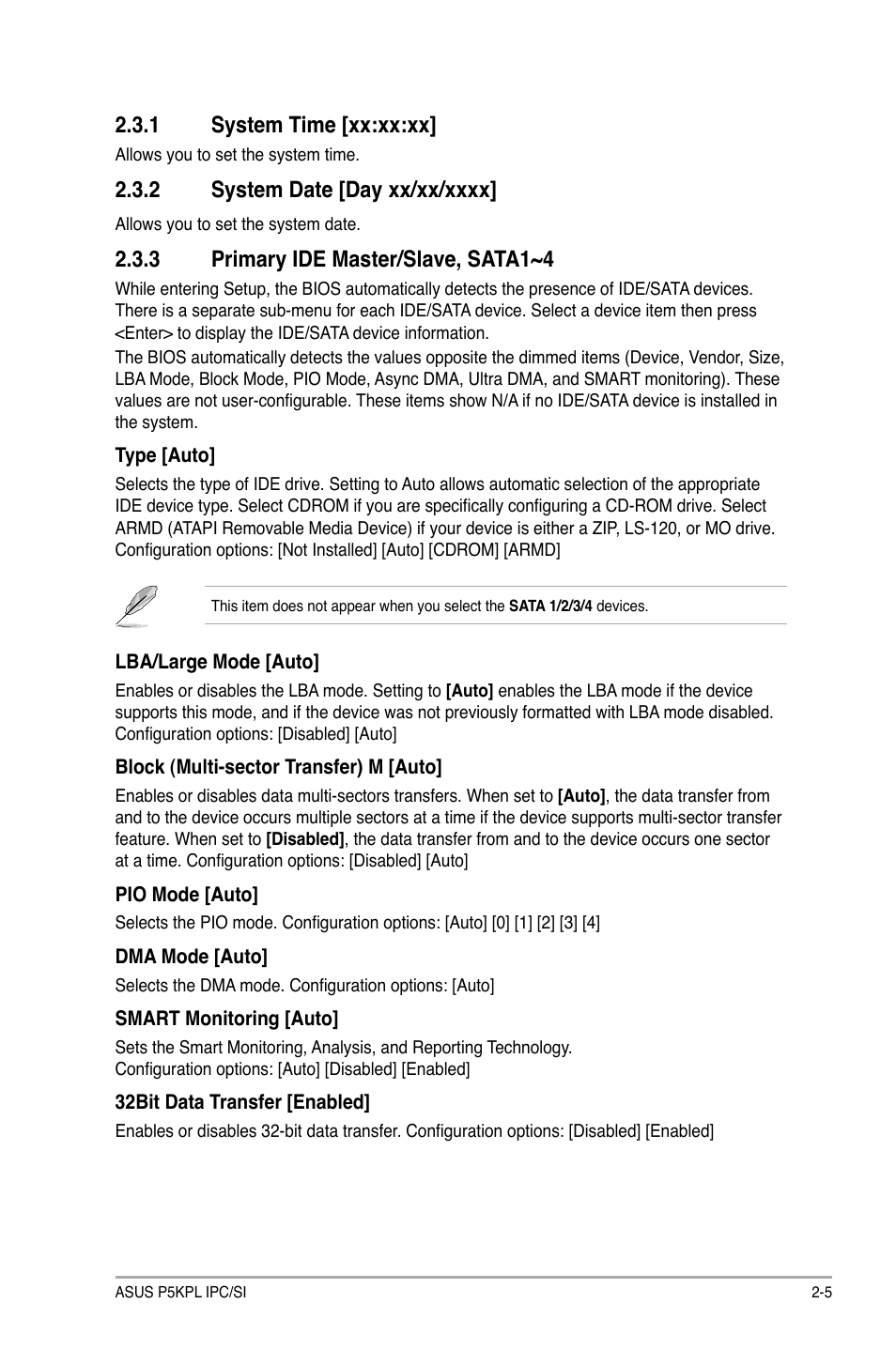 1 system time, 2 system date, 3 primary ide master/slave, sata1~4 | System time -5, System date -5, Primary ide master/slave, sata1~4 -5, 1 system time [xx:xx:xx | Asus P5KPL IPC/SI User Manual | Page 31 / 40