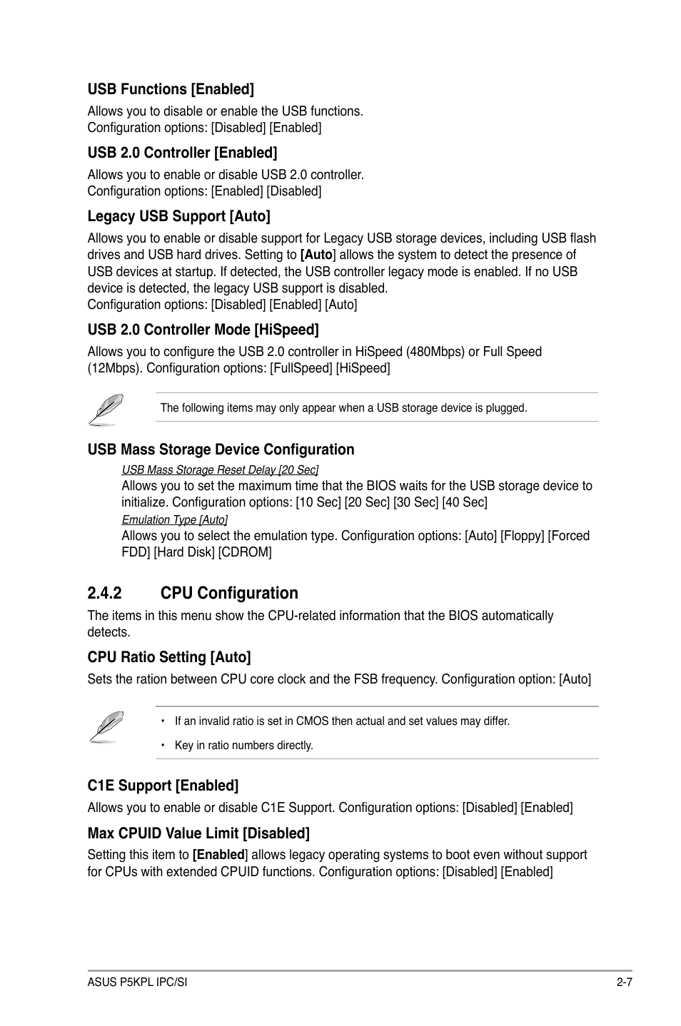2 cpu configuration, Cpu configuration -7 | Asus P5KPL IPC/SI User Manual | Page 33 / 40