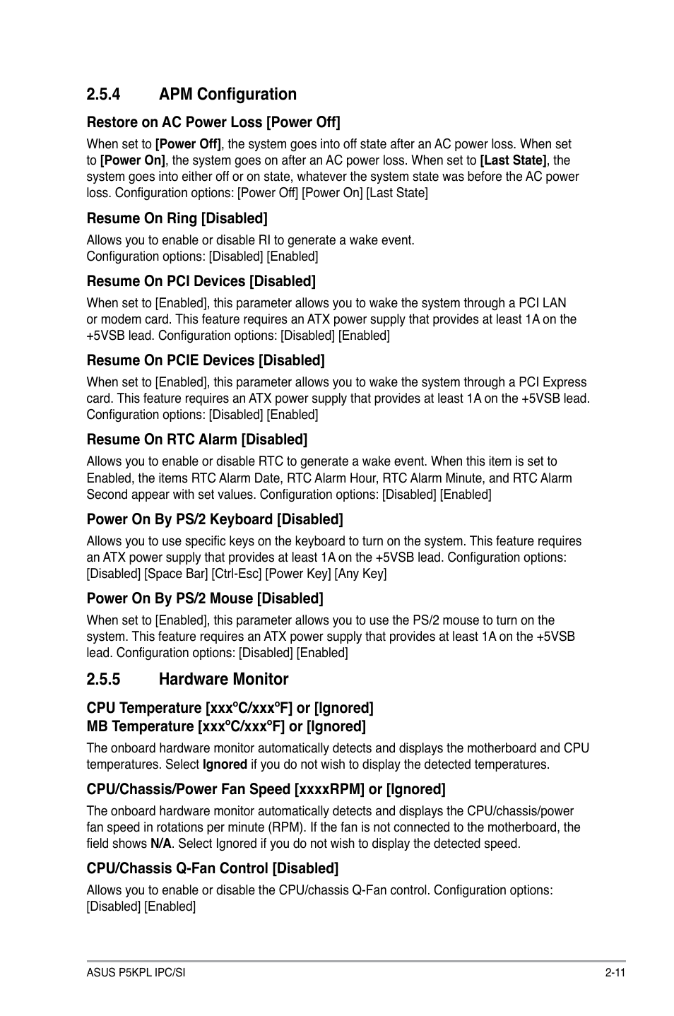 4 apm configuration, 5 hardware monitor, Apm configuration -11 | Hardware monitor -11 | Asus P5KPL IPC/SI User Manual | Page 37 / 40