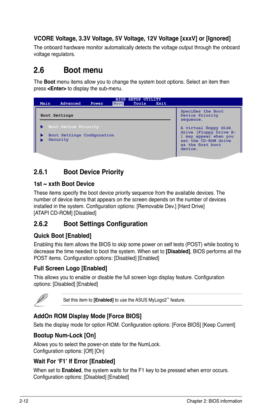 6 boot menu, 1 boot device priority, 2 boot settings configuration | Boot menu -12 2.6.1, Boot device priority -12, Boot settings configuration -12 | Asus P5KPL IPC/SI User Manual | Page 38 / 40