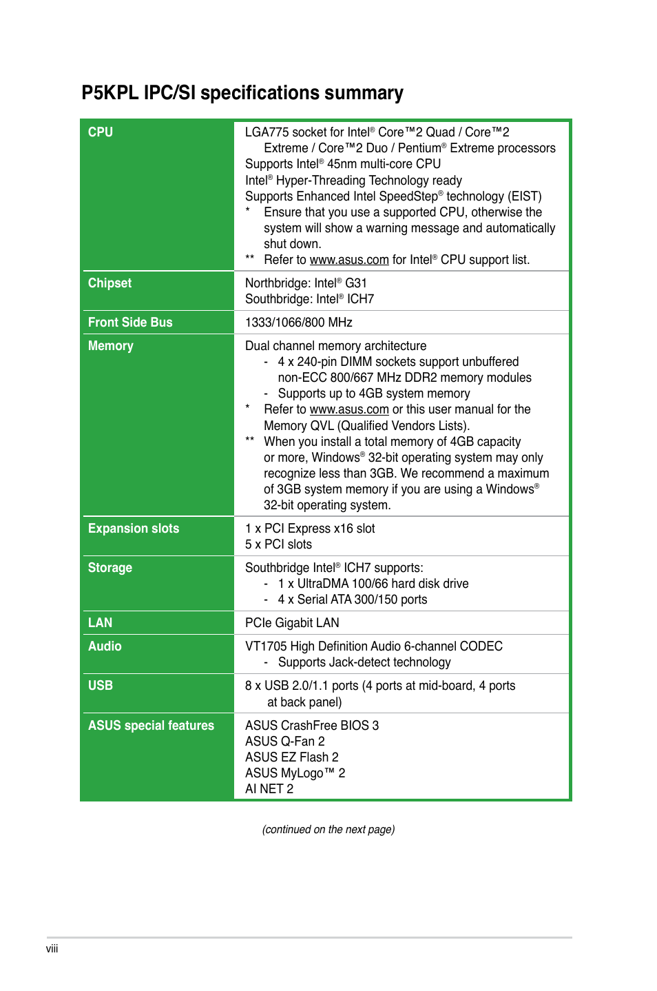 P5kpl ipc/si specifications summary | Asus P5KPL IPC/SI User Manual | Page 8 / 40