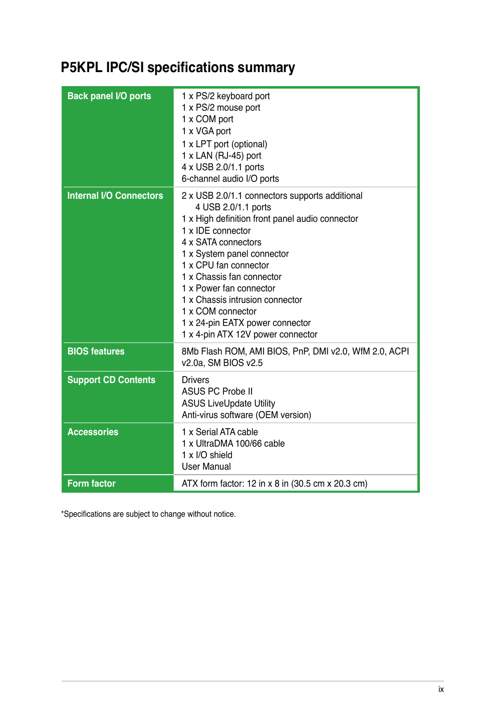 P5kpl ipc/si specifications summary | Asus P5KPL IPC/SI User Manual | Page 9 / 40