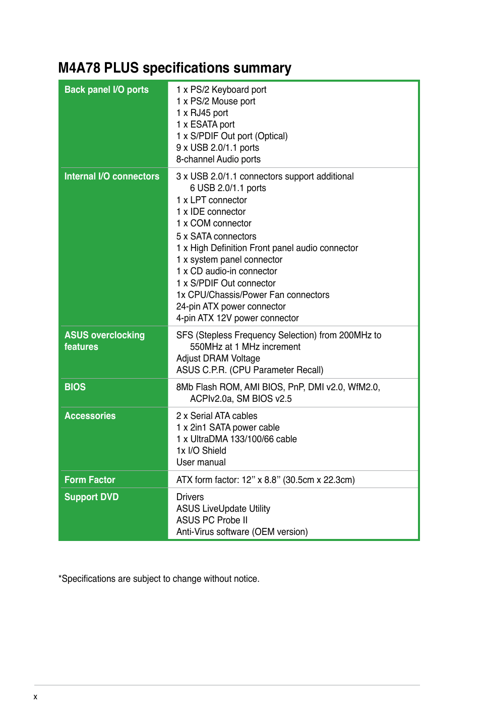 M4a78 plus specifications summary | Asus M4A78 PLUS User Manual | Page 10 / 62