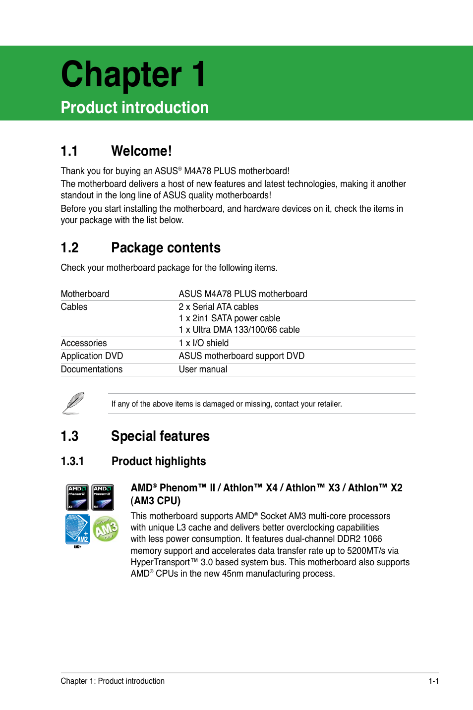 Chapter 1, Product introduction, 2 package contents | 3 special features, 1 welcome | Asus M4A78 PLUS User Manual | Page 11 / 62