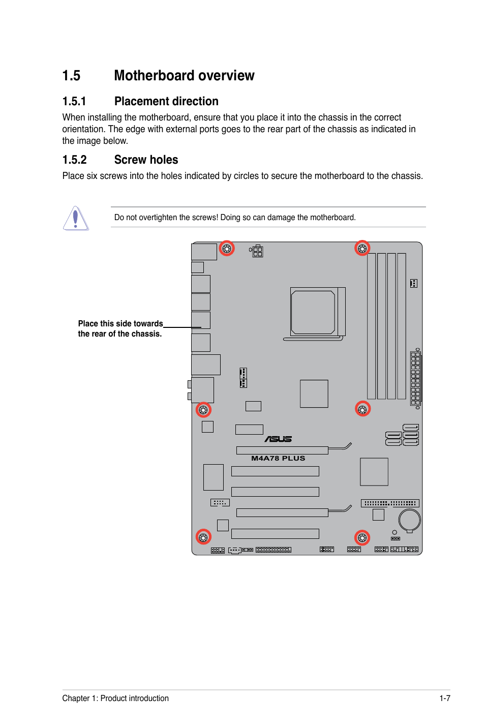 5 motherboard overview, 1 placement direction, 2 screw holes | Asus M4A78 PLUS User Manual | Page 17 / 62