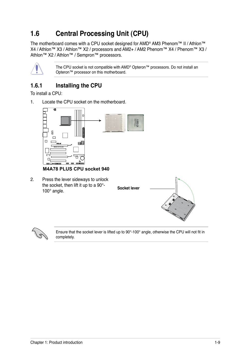 6 central processing unit (cpu), 1 installing the cpu | Asus M4A78 PLUS User Manual | Page 19 / 62