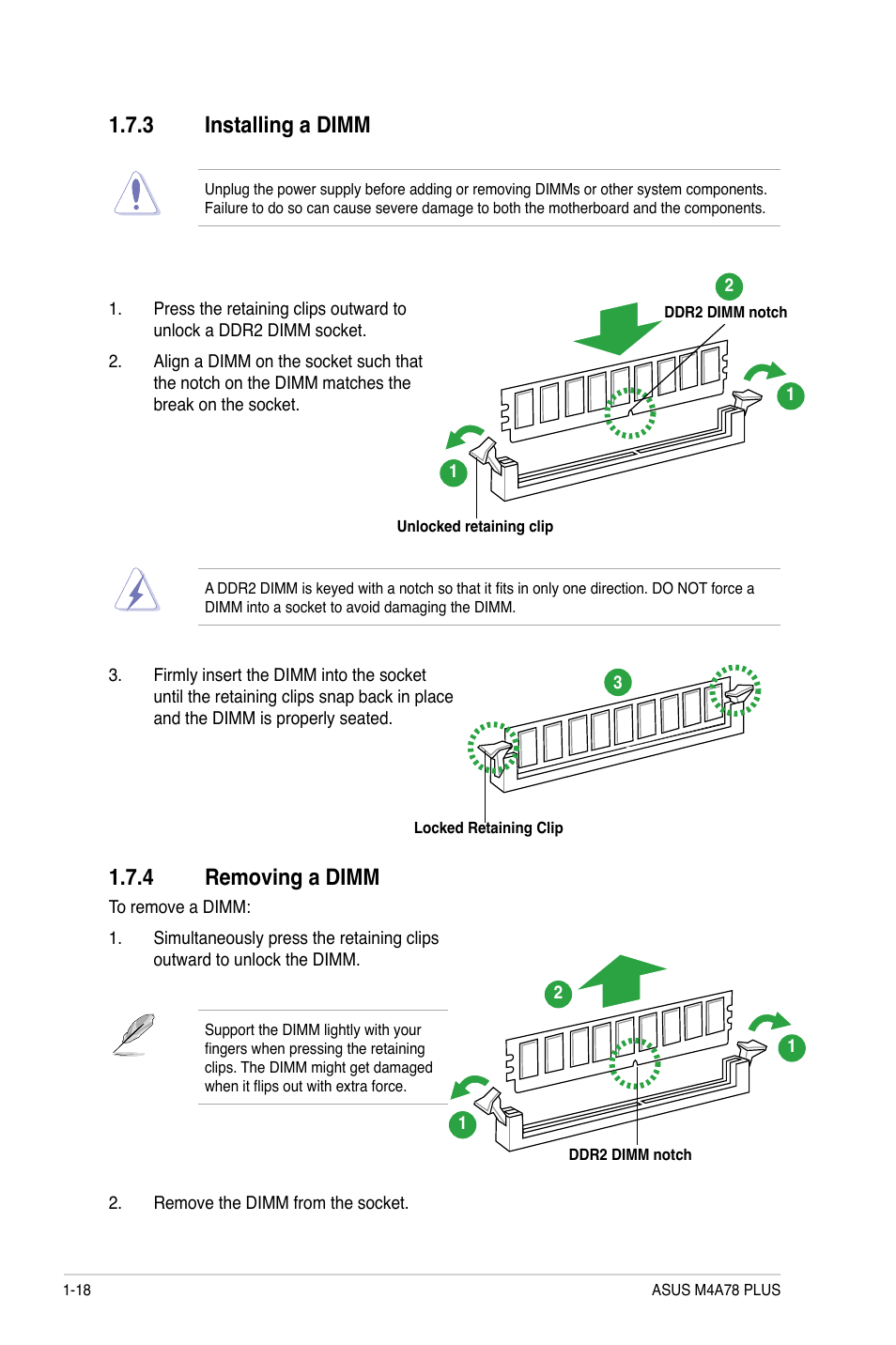 3 installing a dimm, 4 removing a dimm | Asus M4A78 PLUS User Manual | Page 28 / 62