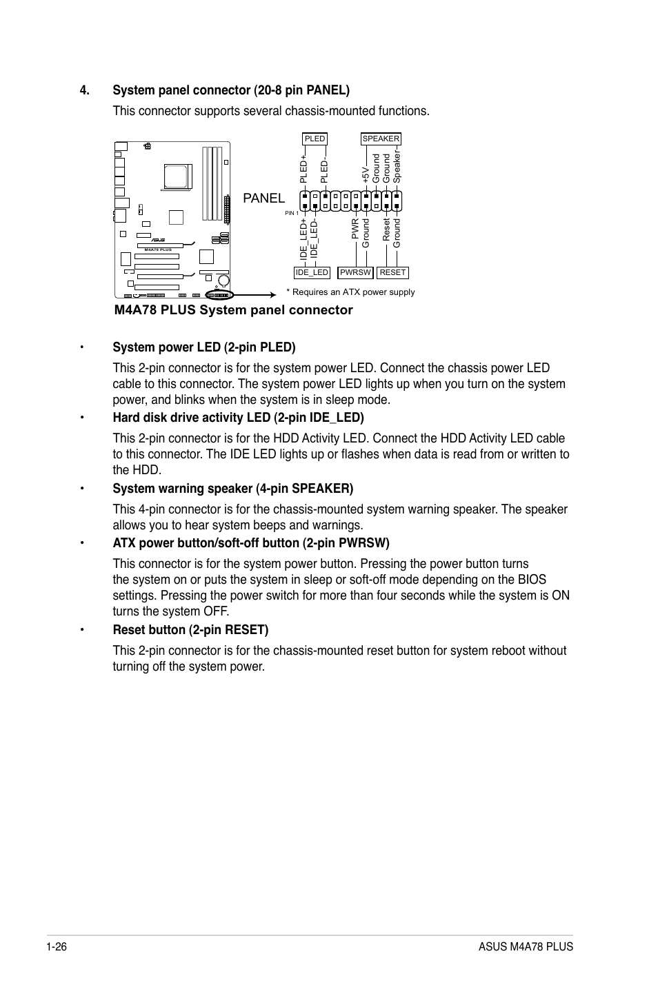 M4a78 plus system panel connector, Panel | Asus M4A78 PLUS User Manual | Page 36 / 62