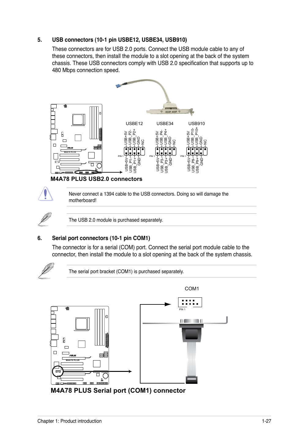 M4a78 plus serial port (com1) connector | Asus M4A78 PLUS User Manual | Page 37 / 62