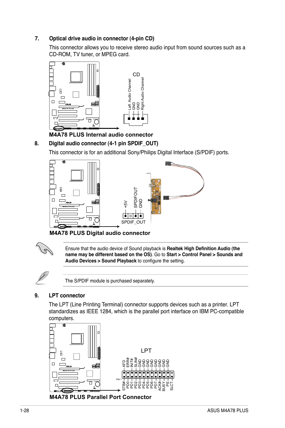 M4a78 plus digital audio connector, M4a78 plus parallel port connector | Asus M4A78 PLUS User Manual | Page 38 / 62