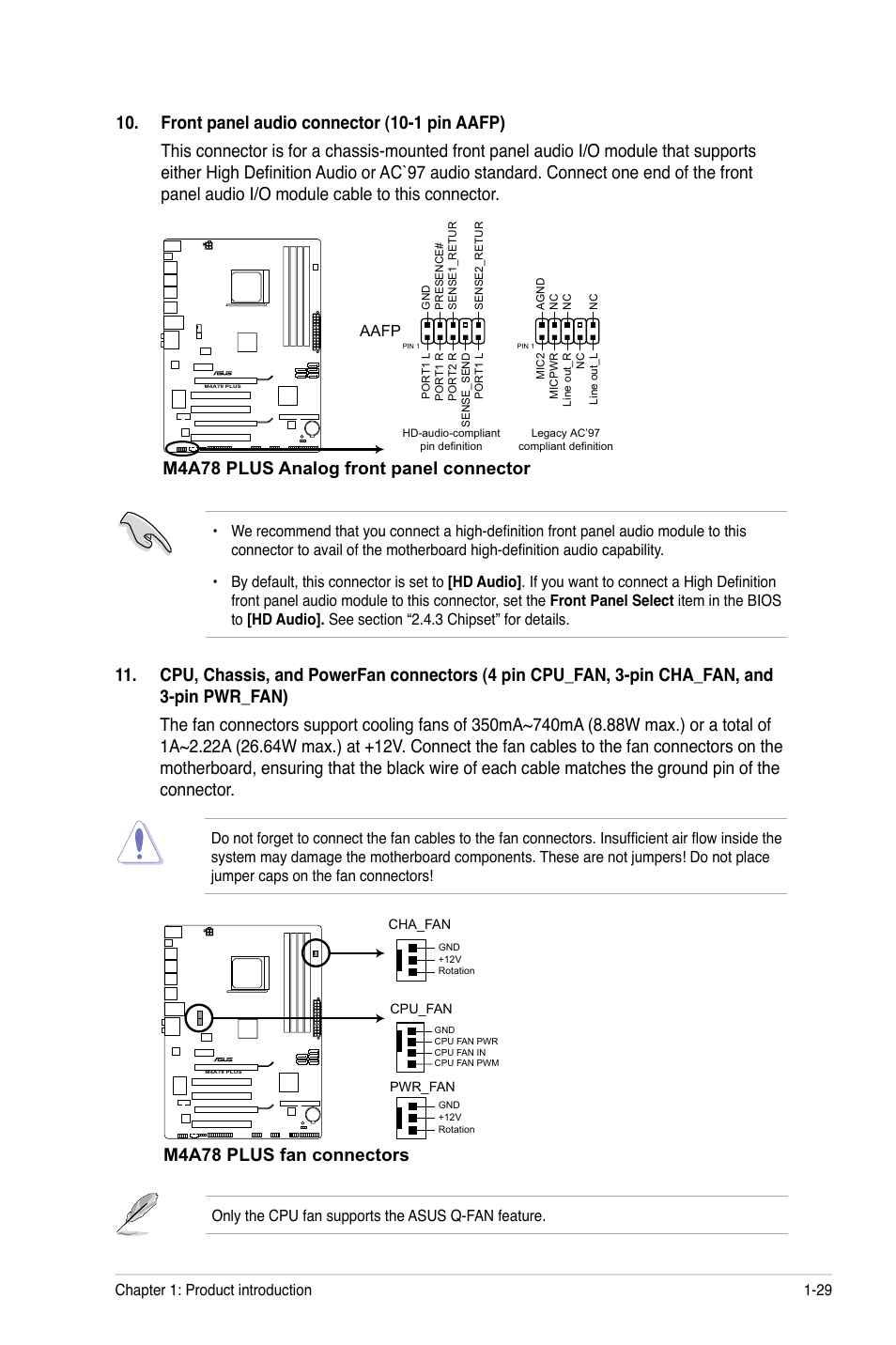 M4a78 plus analog front panel connector, M4a78 plus fan connectors | Asus M4A78 PLUS User Manual | Page 39 / 62