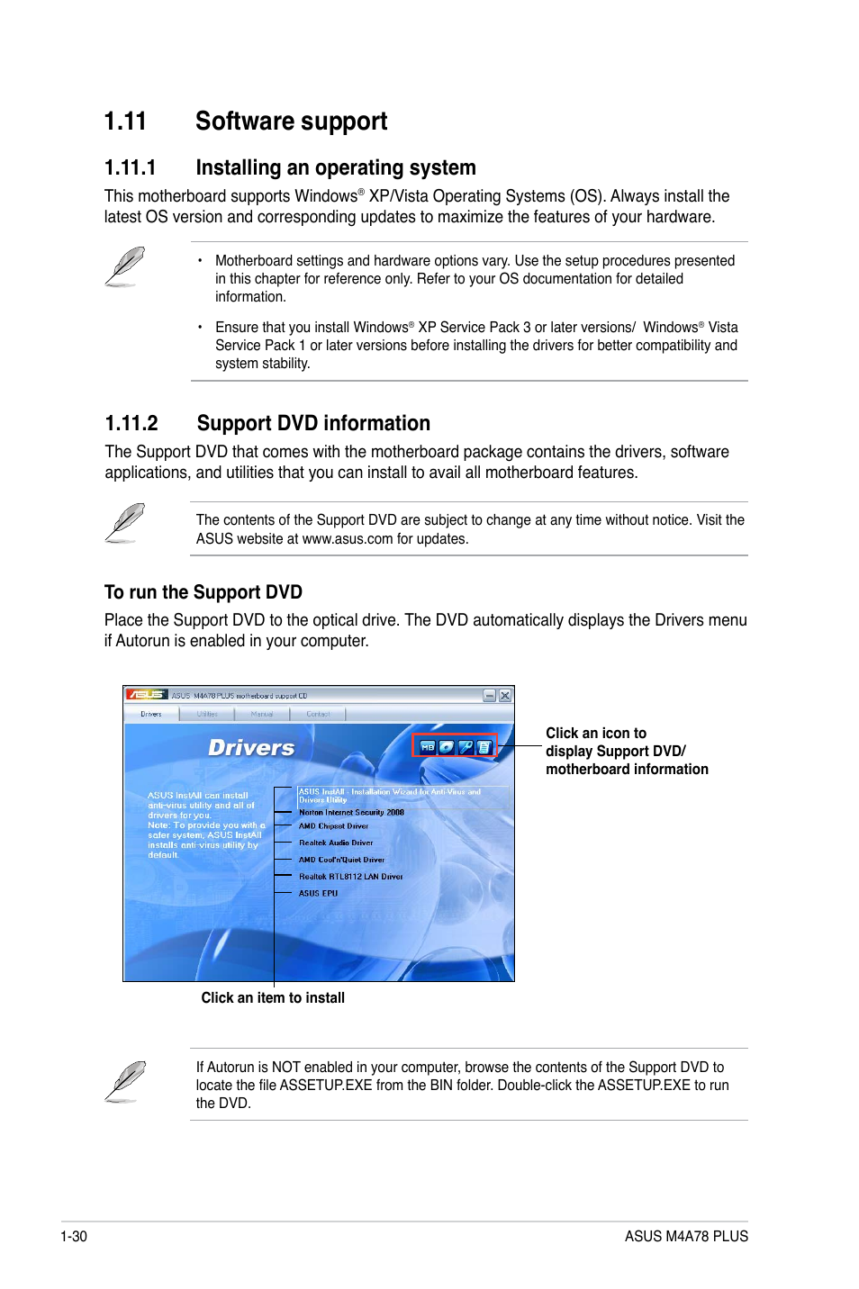 11 software support, 1 installing an operating system, 2 support dvd information | Asus M4A78 PLUS User Manual | Page 40 / 62