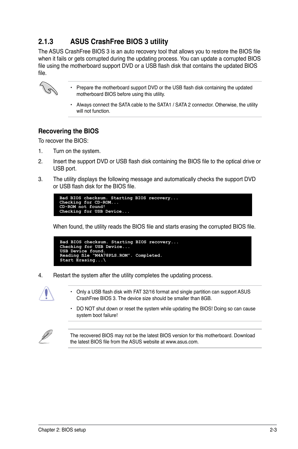 3 asus crashfree bios 3 utility, Recovering the bios | Asus M4A78 PLUS User Manual | Page 43 / 62