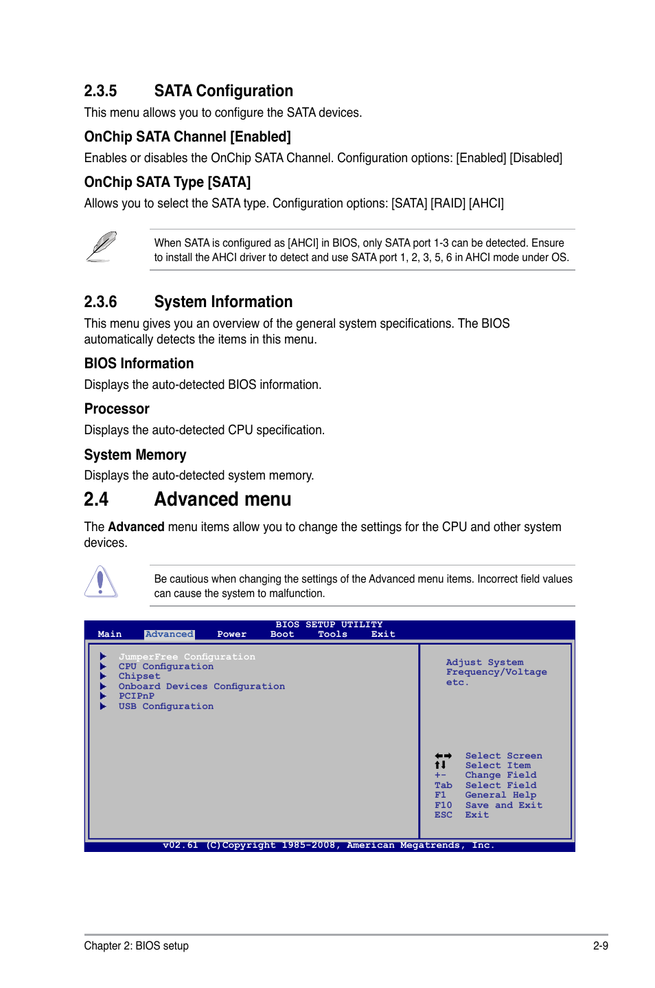 4 advanced menu, 5 sata configuration, 6 system information | Onchip sata channel [enabled, Onchip sata type [sata, Bios information, Processor | Asus M4A78 PLUS User Manual | Page 49 / 62