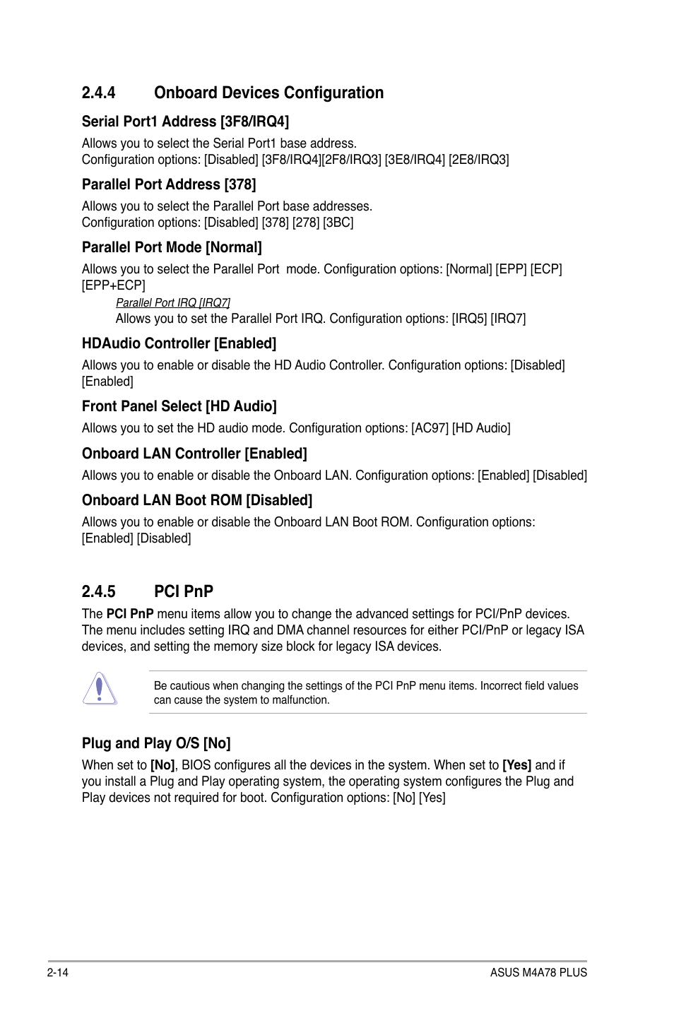 4 onboard devices configuration, 5 pci pnp | Asus M4A78 PLUS User Manual | Page 54 / 62