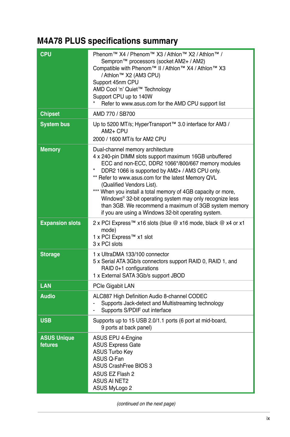 M4a78 plus specifications summary | Asus M4A78 PLUS User Manual | Page 9 / 62