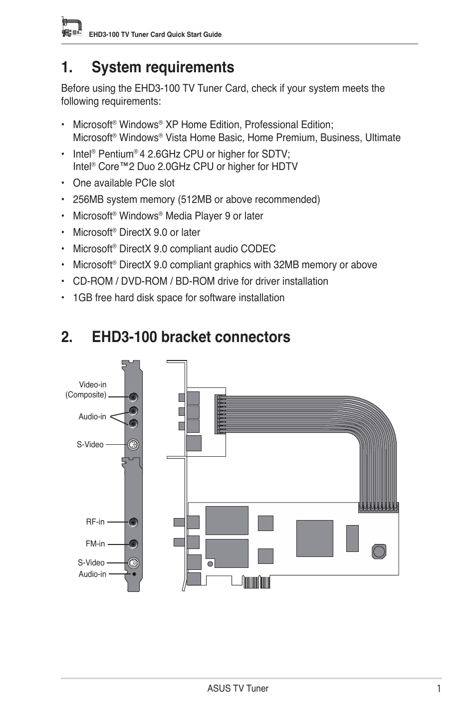 System requirements, Ehd3-100 bracket connectors | Asus My Cinema-EHD3-100 User Manual | Page 2 / 5