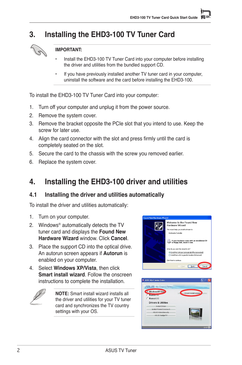 Installing the ehd3-100 tv tuner card, Installing the ehd3-100 driver and utilities | Asus My Cinema-EHD3-100 User Manual | Page 3 / 5