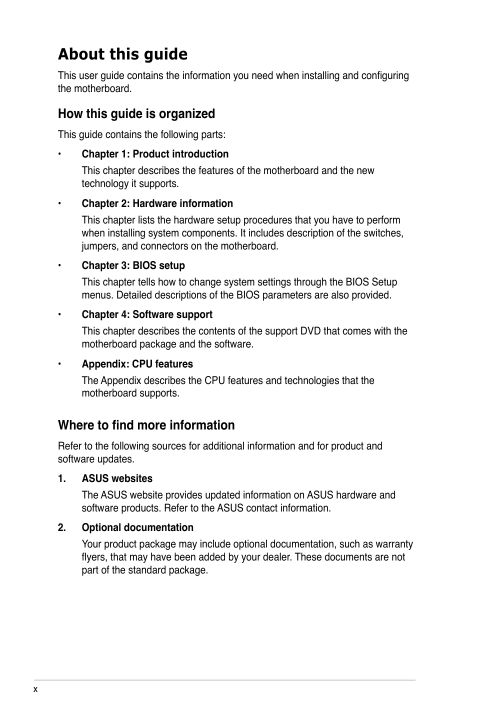 About this guide, Where to find more information, How this guide is organized | Asus P5Q-E/WiFi-AP User Manual | Page 10 / 186