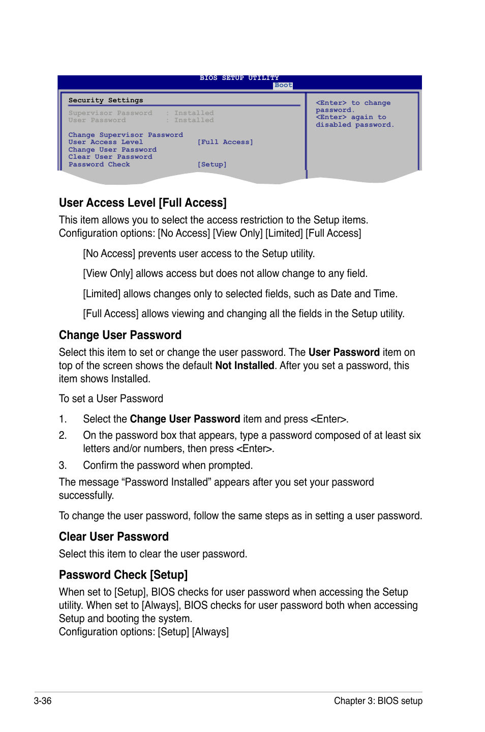 User access level [full access, Change user password, Clear user password | Password check [setup | Asus P5Q-E/WiFi-AP User Manual | Page 102 / 186