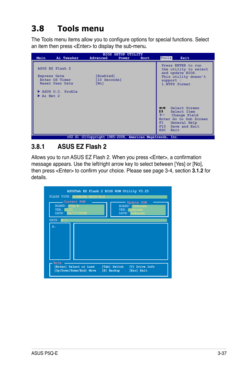 8 tools menu, 1 asus ez flash 2, Tools menu -37 3.8.1 | Asus ez flash 2 -37 | Asus P5Q-E/WiFi-AP User Manual | Page 103 / 186